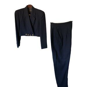 Classiques Entier 100% Wool Navy Blue cropped jacket pant suit w/brass buttons